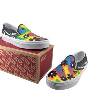 Vans Hand Painted Colorful Psychedelic Black Flower Print Womens 8.5 Slip On